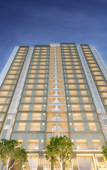 Perspectiva ilustrada do lobby do Leven by Living em Vila Mariana, SP