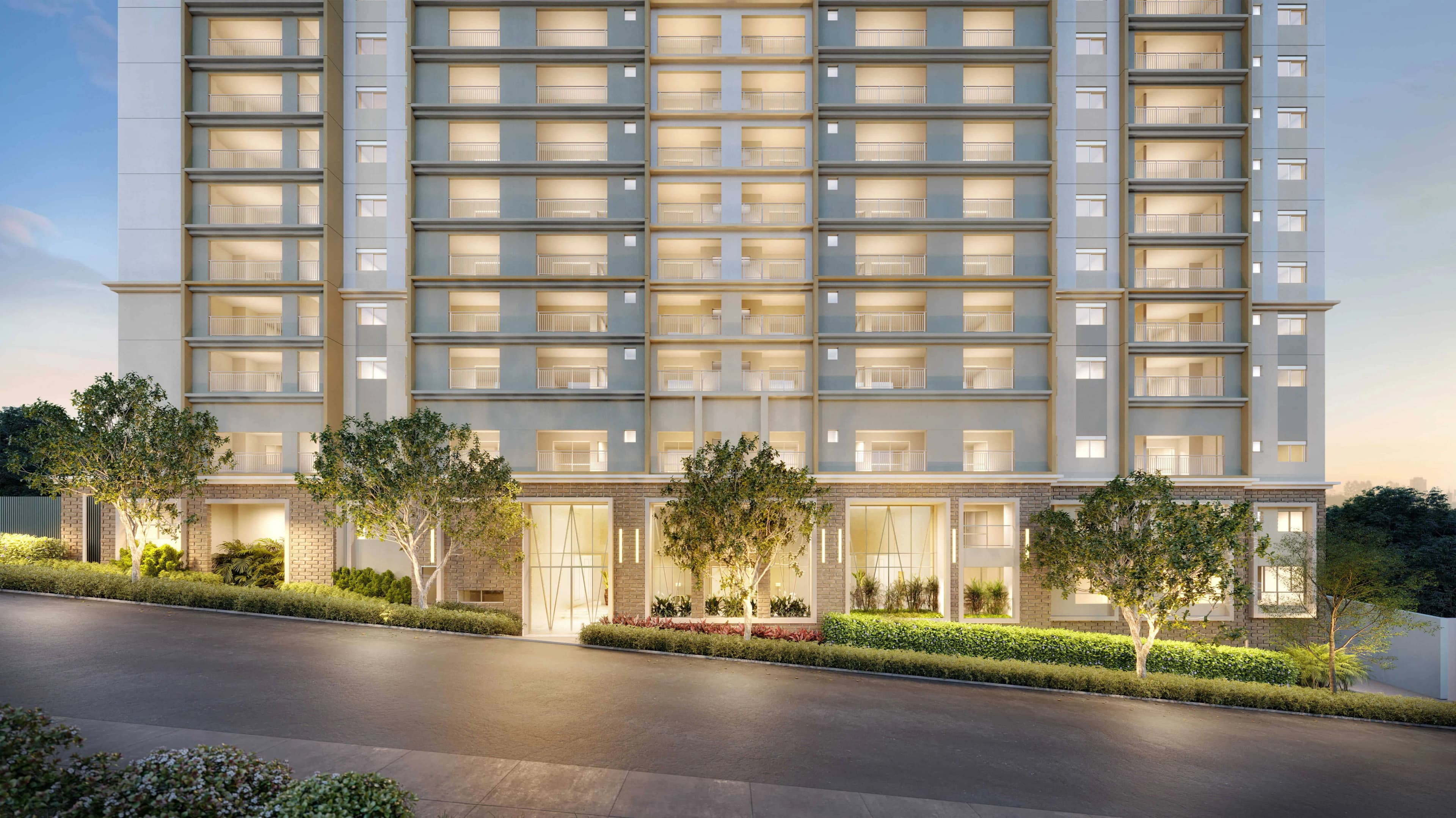 Perspectiva ilustrada do embasamento e áreas comuns do Leven by Living