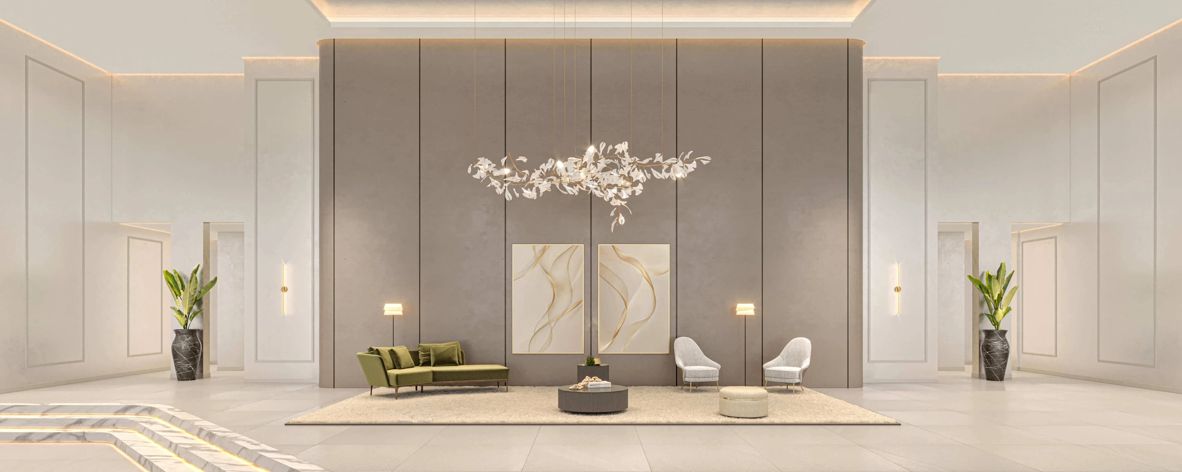 Perspectiva ilustrada do lobby de entrada do Leven by Living