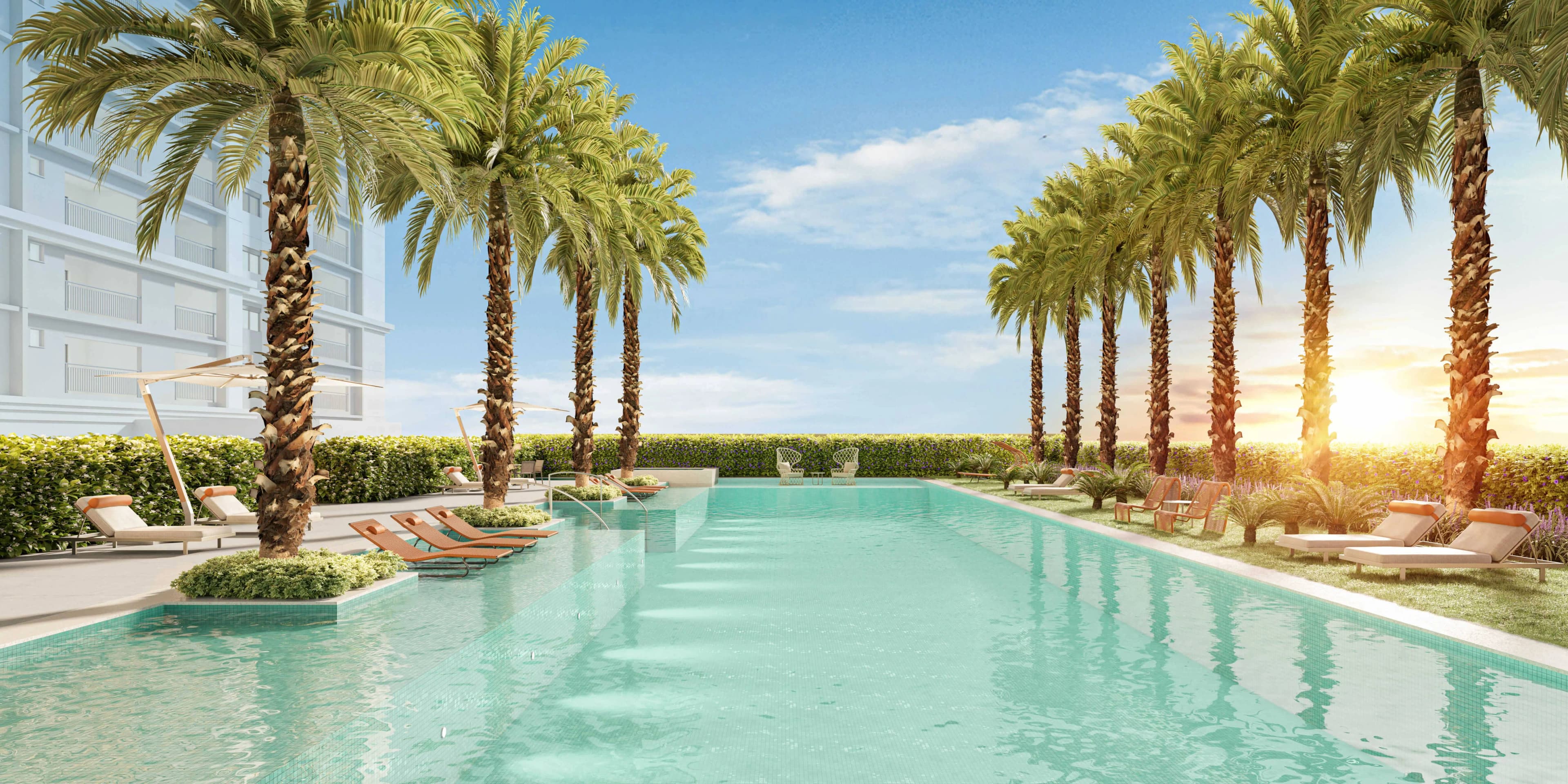 Perspectiva ilustrada da piscina climatizada com borda infinita do Leven by Living